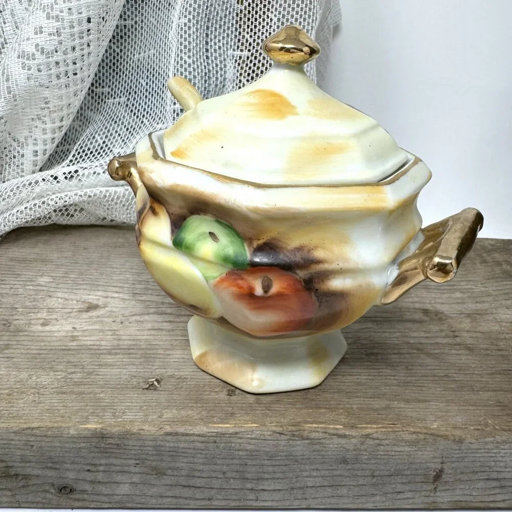 Vintage Enesco Sugar Condiment Bowl w/ Lid Spoon Fruit Gold Trim #E2364